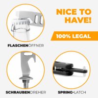 Besonderheiten vom Butterfly Trainer Black: Schraubendreher, Flaschenöffner und Spring-Latch