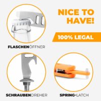 Alleinstellungsmerkmale Butterfly Trainer Orange: Flaschenöffner, Schraubendreher und Spring-Latch