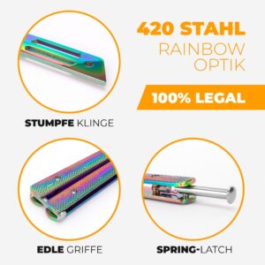 Butterfly Trainer Rainbow 420 Besonderheiten: Stumpfe Klinge, edle Griffe und Spring-Latch