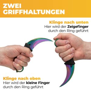 Zwei Griffhaltungen für Karambit Messer in der Farbe Rainbow